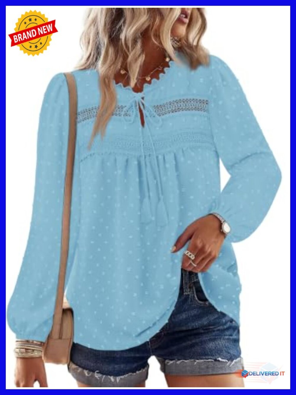 Womens Boho Swiss Dot Lace Lantern Sleeve Tunic Blouse
